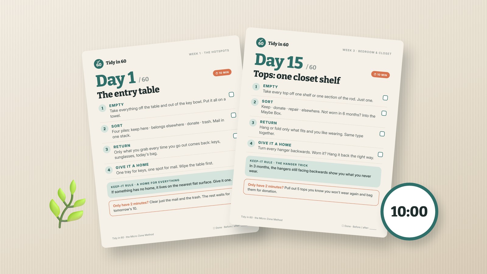 Two Tidy in 60 daily cards and a 10-minute timer